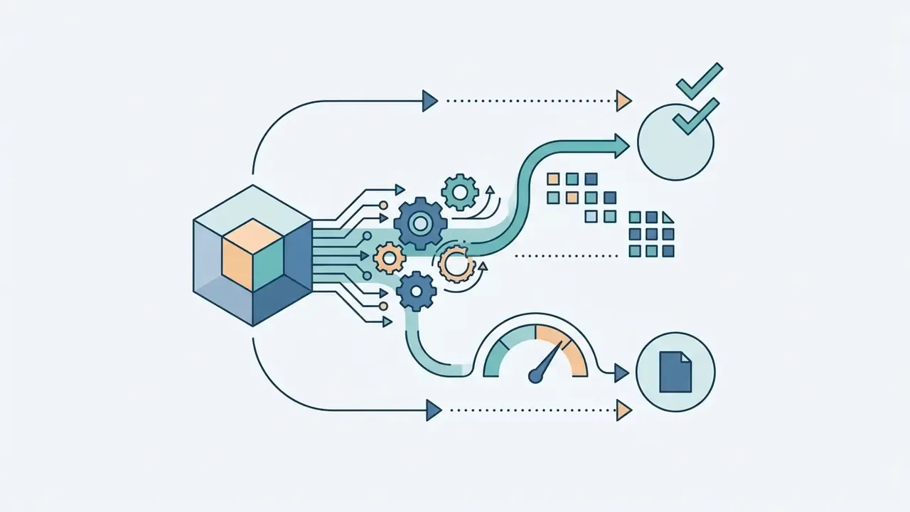 Cube processing data through gears into a performance gauge and finalized digital file output