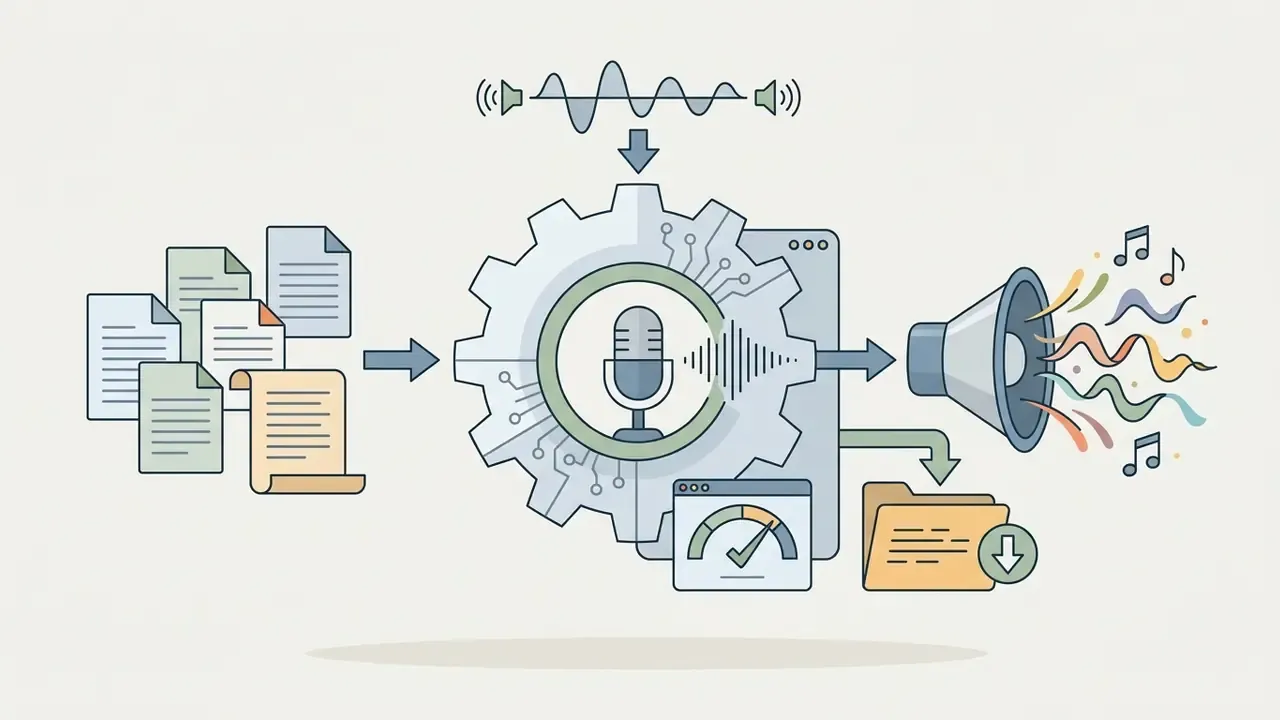 Text documents and audio tracks feeding into a gear mechanism to output music and speech files