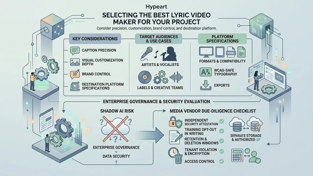 Infographic outlining key considerations, target audiences, and security factors for a lyric video maker