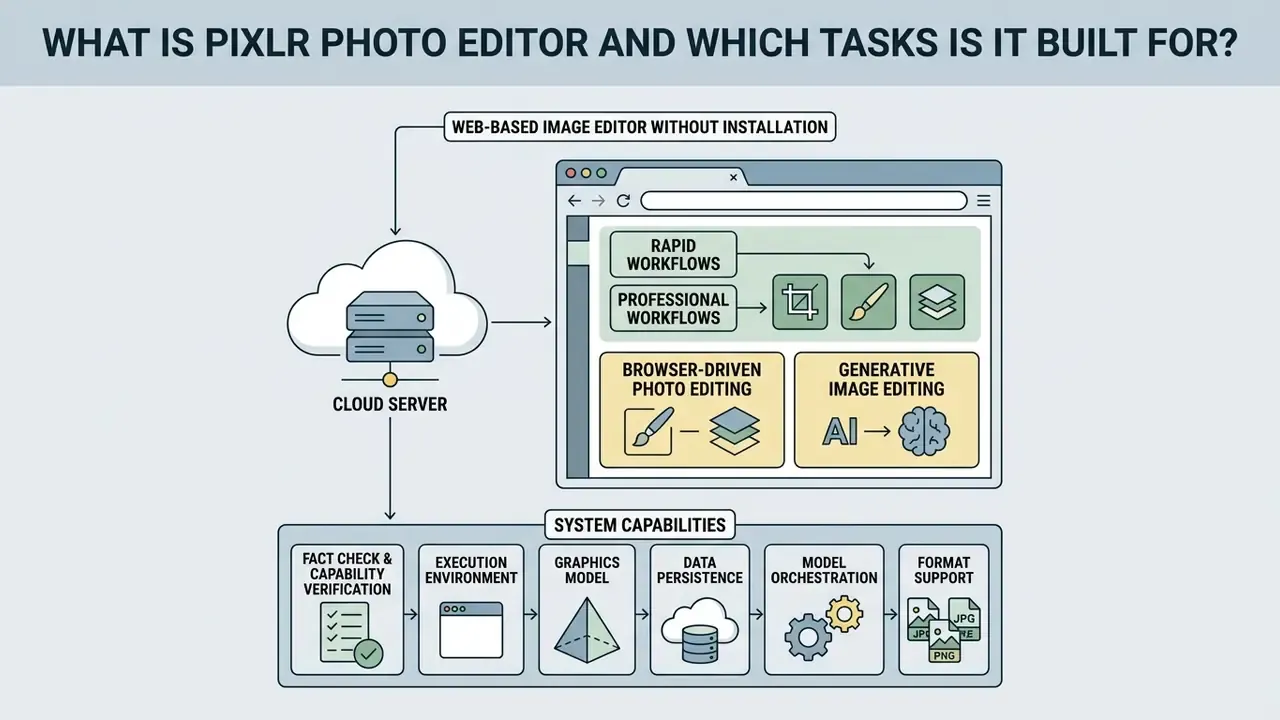 Diagram showing cloud server connectivity and system capabilities for web-based Pixlr photo editing