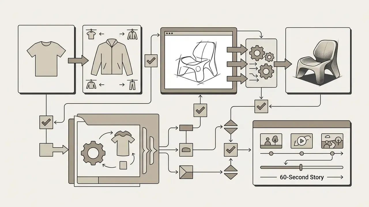 System of interconnected blocks showing garment texture changes, sketch-to-image conversion, and story creation