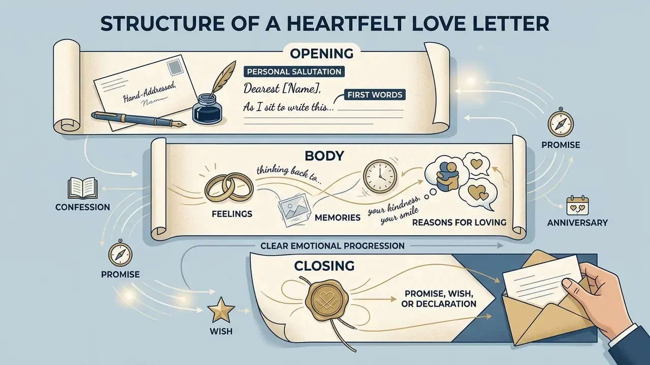 Diagram illustrating the three sections of a romantic letter with icons for feelings and memories