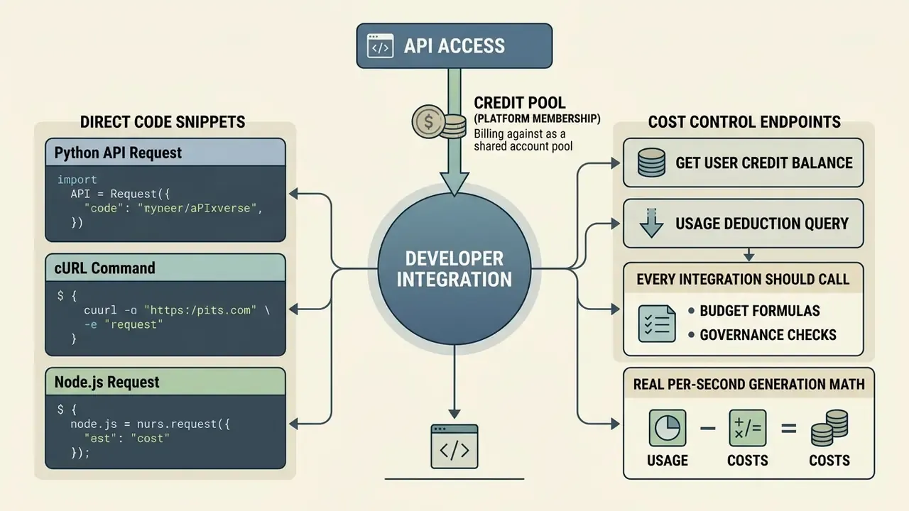 Flowchart showing PixVerse API access, code snippets, and credit-based cost control endpoints