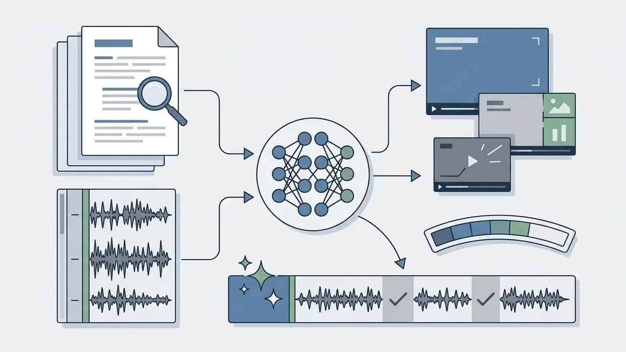 Neural network processing documents and audio waveforms to generate video clips and virality scores