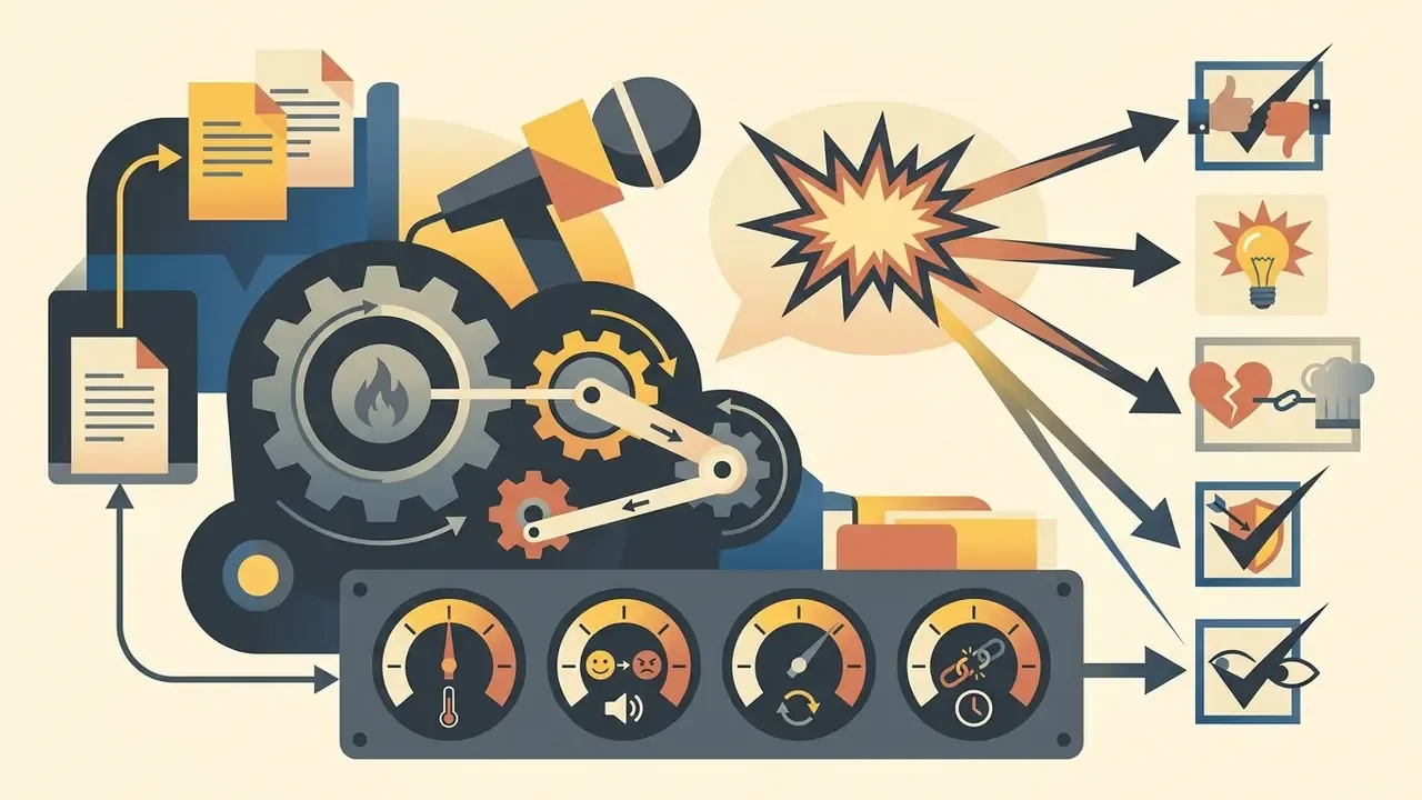 Gears and gauges processing document inputs into humorous content output with various symbolic icons