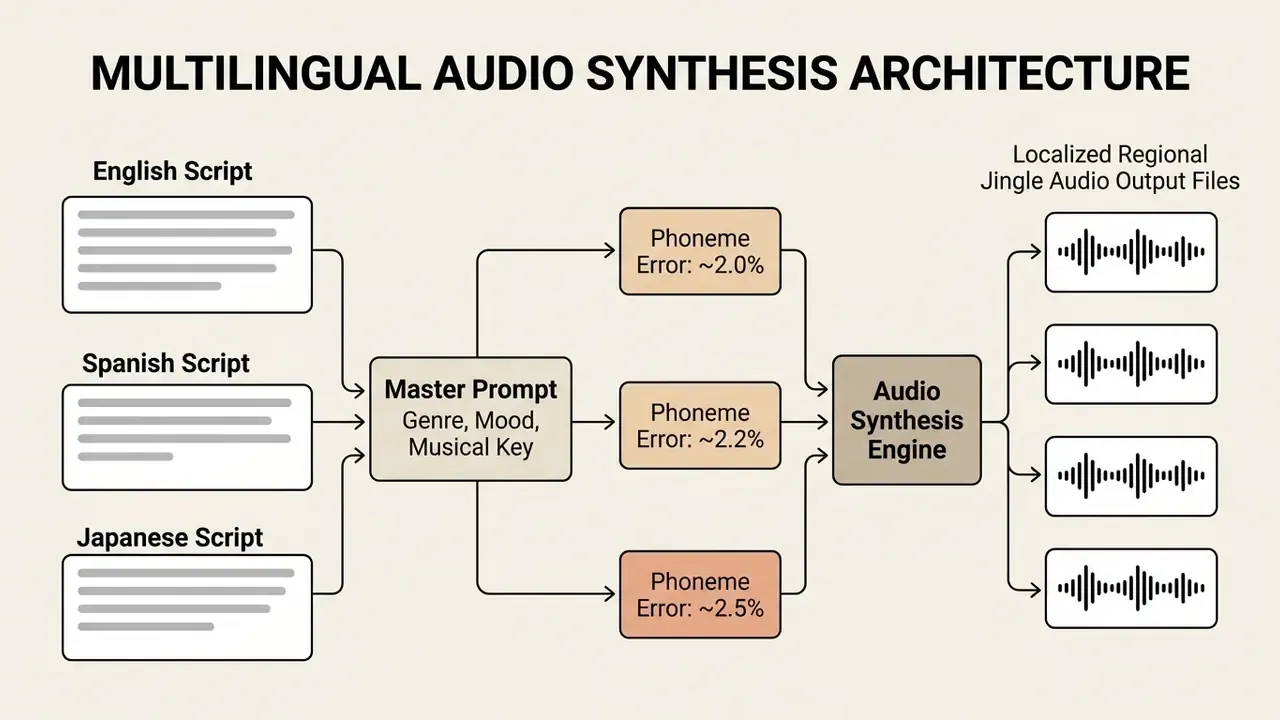 Diagram showing the workflow from multilingual text scripts and prompts to synthesized regional audio files