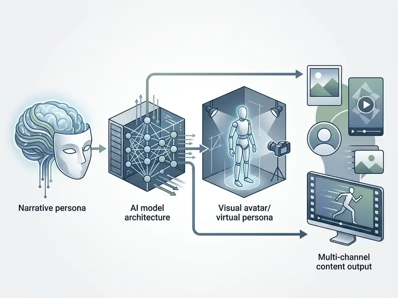 Flowchart showing how a narrative persona and AI model architecture generate a virtual avatar and content
