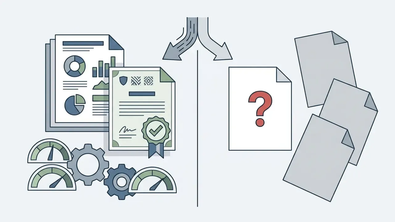 Certified documents with gears and gauges branching away from blank pages marked with a question mark