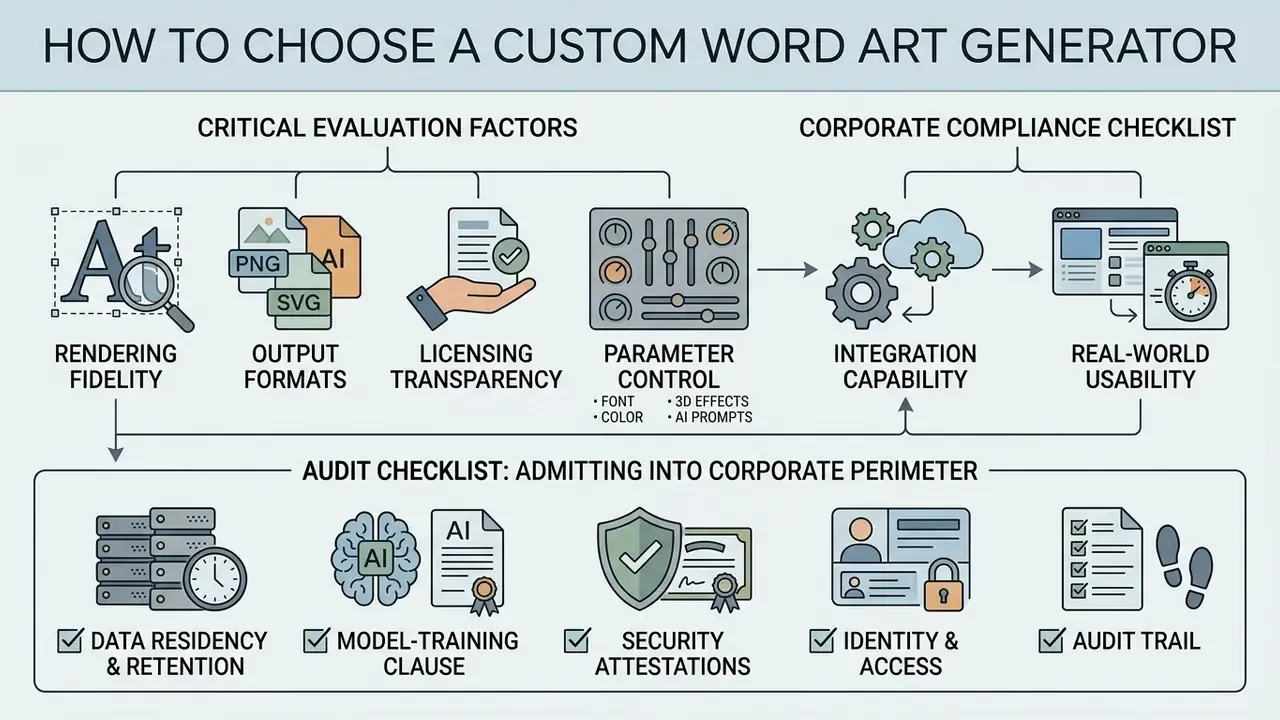 Evaluation factors and a corporate compliance checklist for selecting a custom word art generator