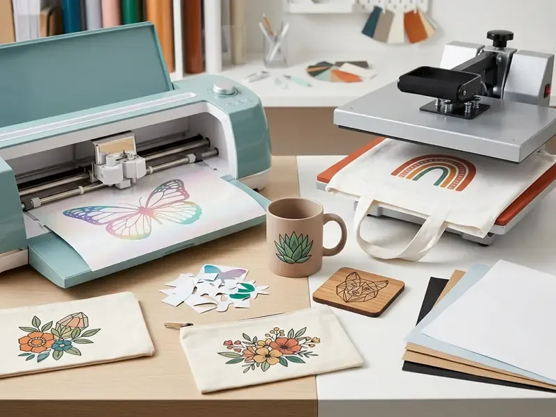 Cutting machine printing a butterfly design next to a heat press, mugs, and decorated canvas pouches