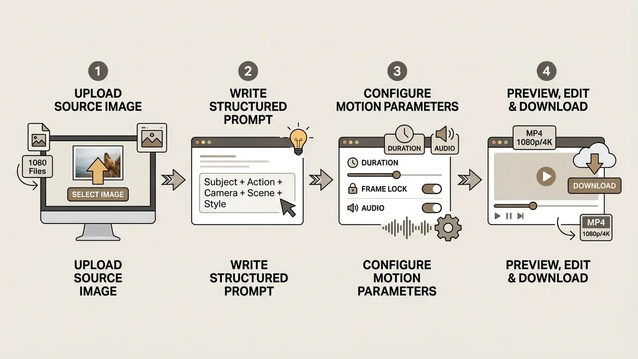Four sequential steps showing file upload, prompt writing, parameter adjustment, and final video download
