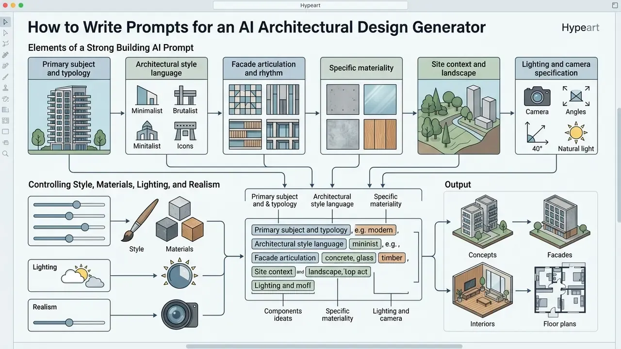 Infographic breaking down prompt components like style, materiality, and lighting into final visual outputs