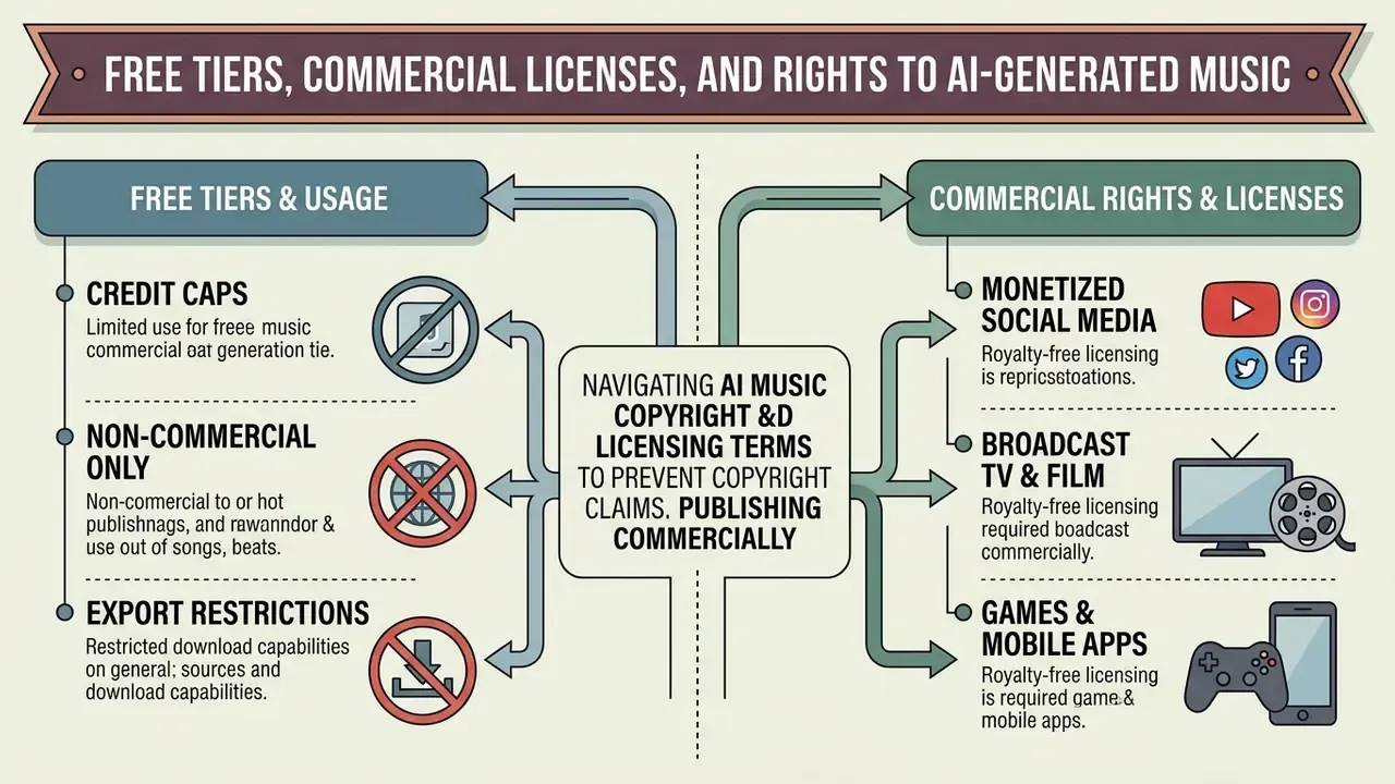 Infographic outlining the differences between free usage tiers and commercial licensing for AI music