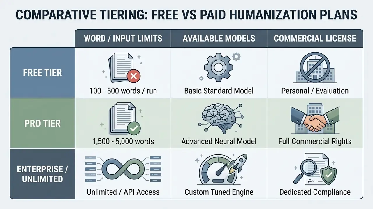 Table comparing service tiers by word limits, model types, and commercial licensing options