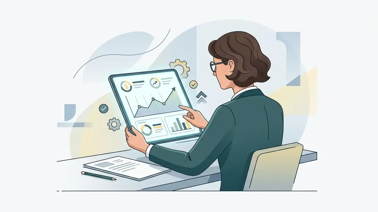 Professional woman sitting at a desk and reviewing financial charts on a digital tablet screen