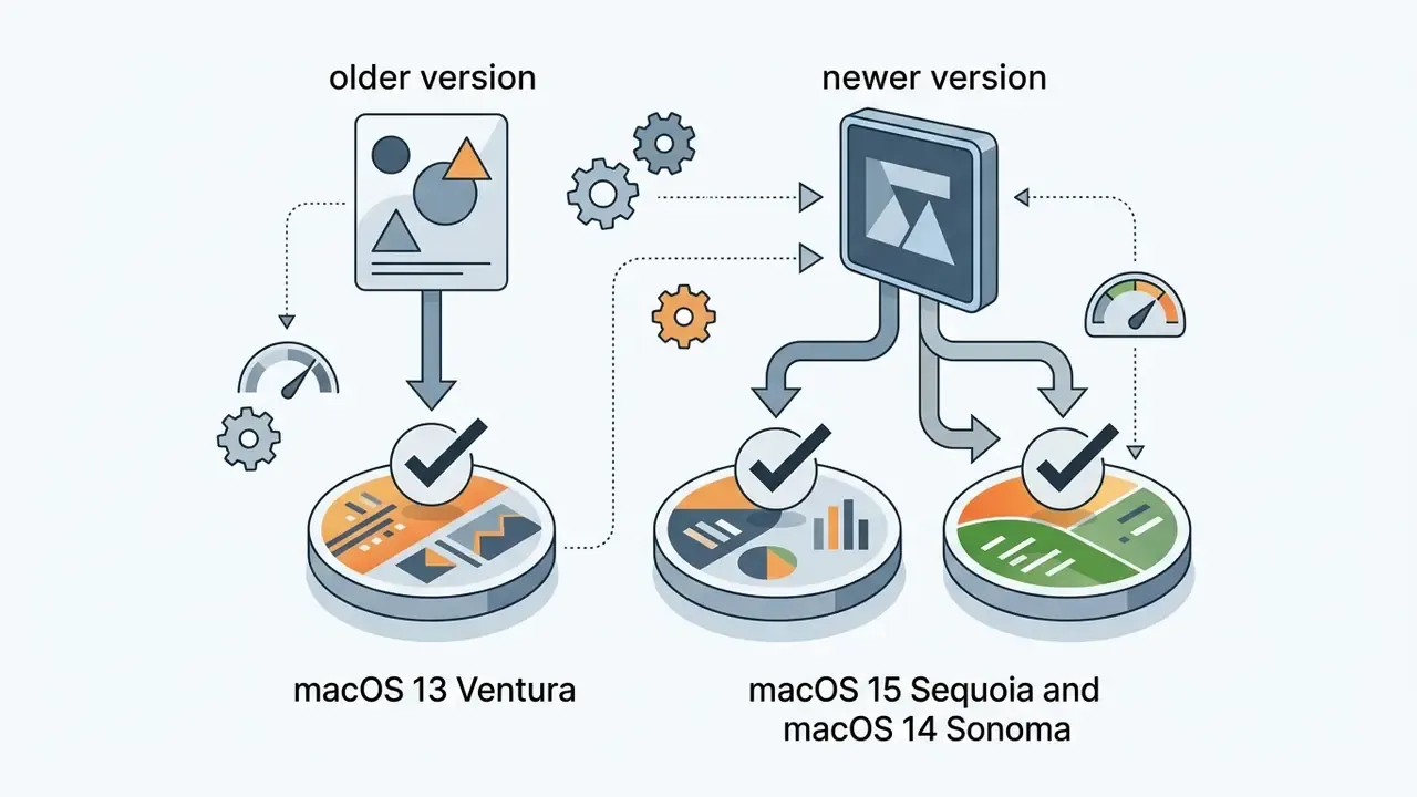 Comparison of software version compatibility with macOS 13 Ventura and newer macOS releases