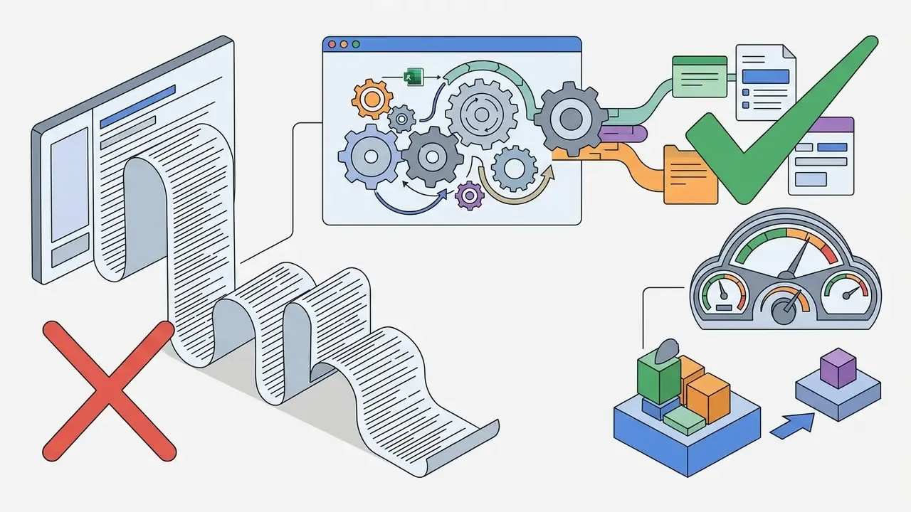 Long document feeding into a gear-driven processing system that outputs verified files and performance metrics