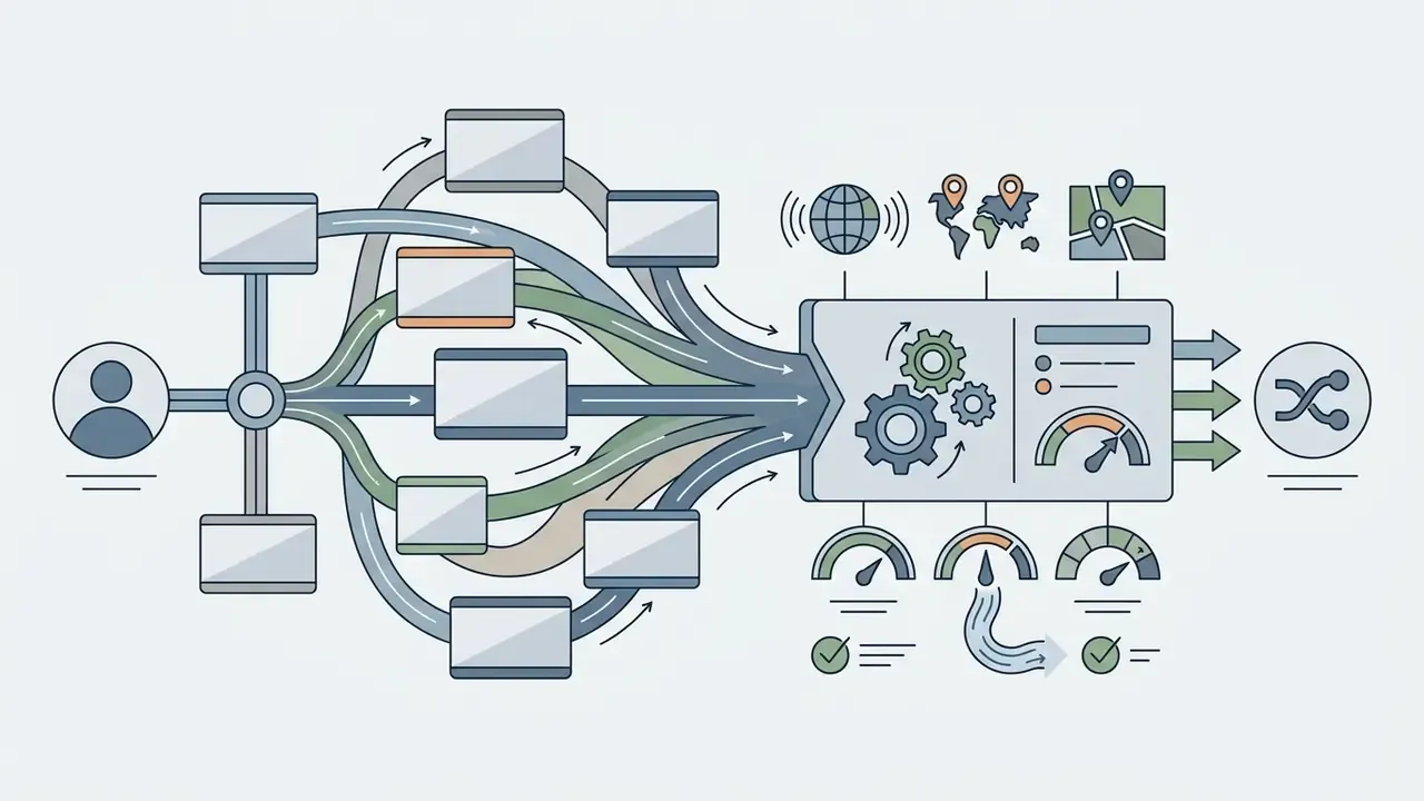 Network paths connecting a user to a processing module with gear icons and performance gauges