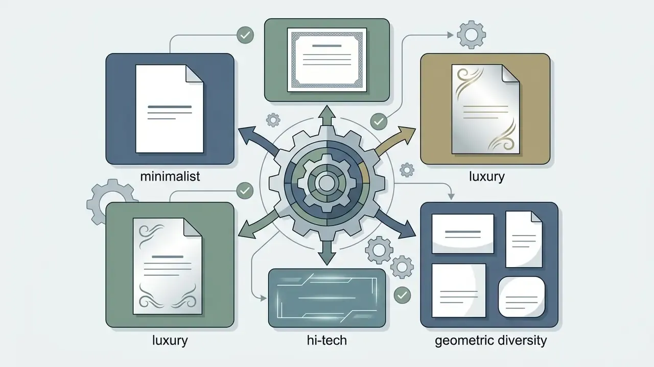 A central mechanism connects various card styles including minimalist, luxury, hi-tech, and geometric layouts