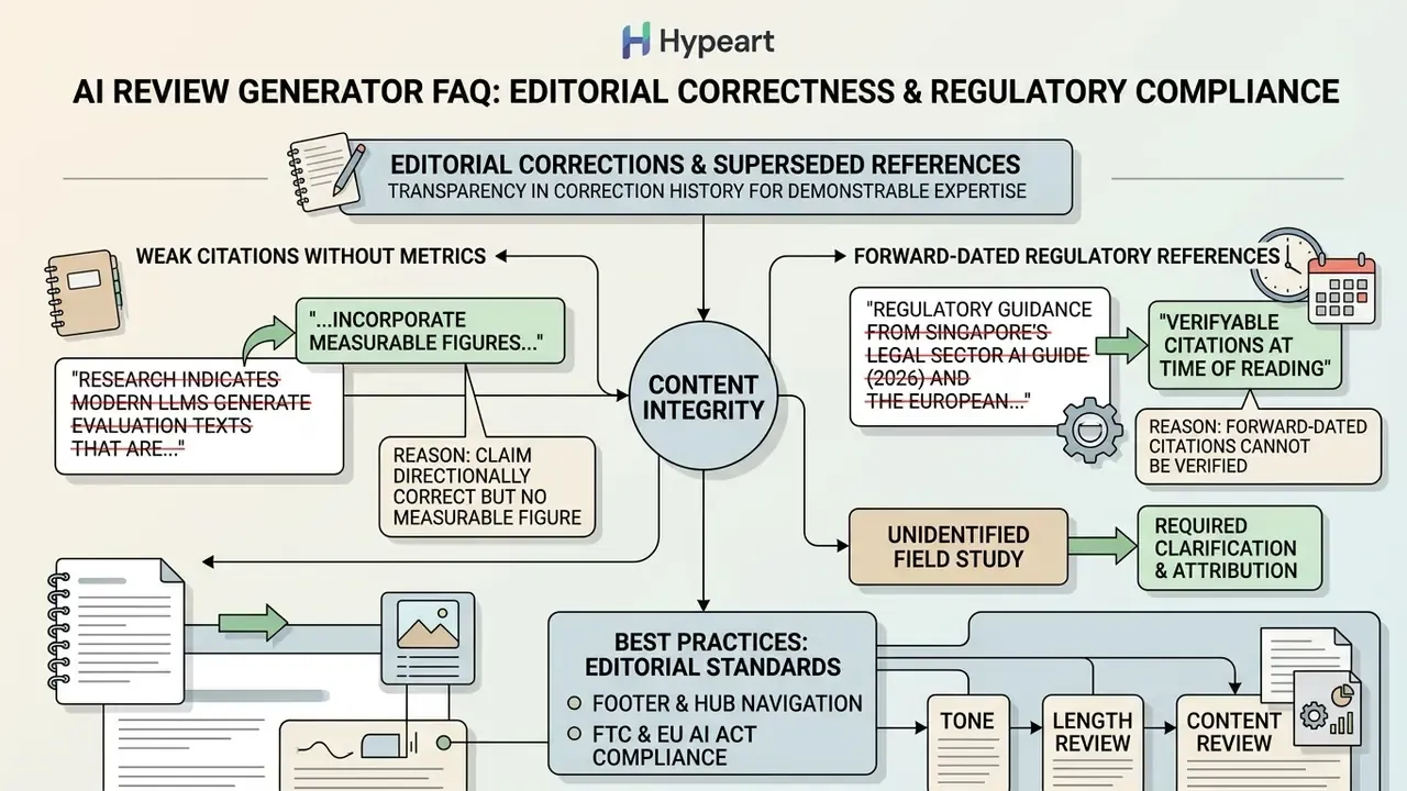 Map of editorial standards for content integrity including citation metrics and regulatory references