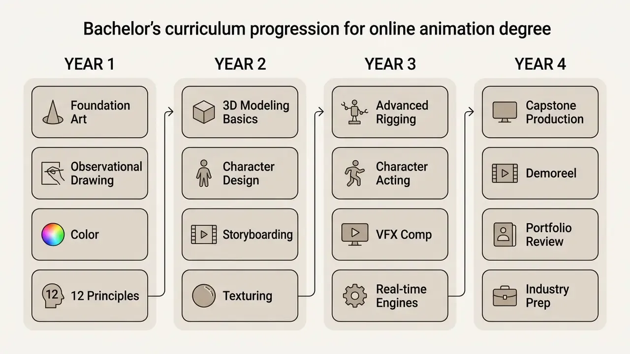 Four-year academic roadmap listing sequential course topics from foundation art to industry preparation