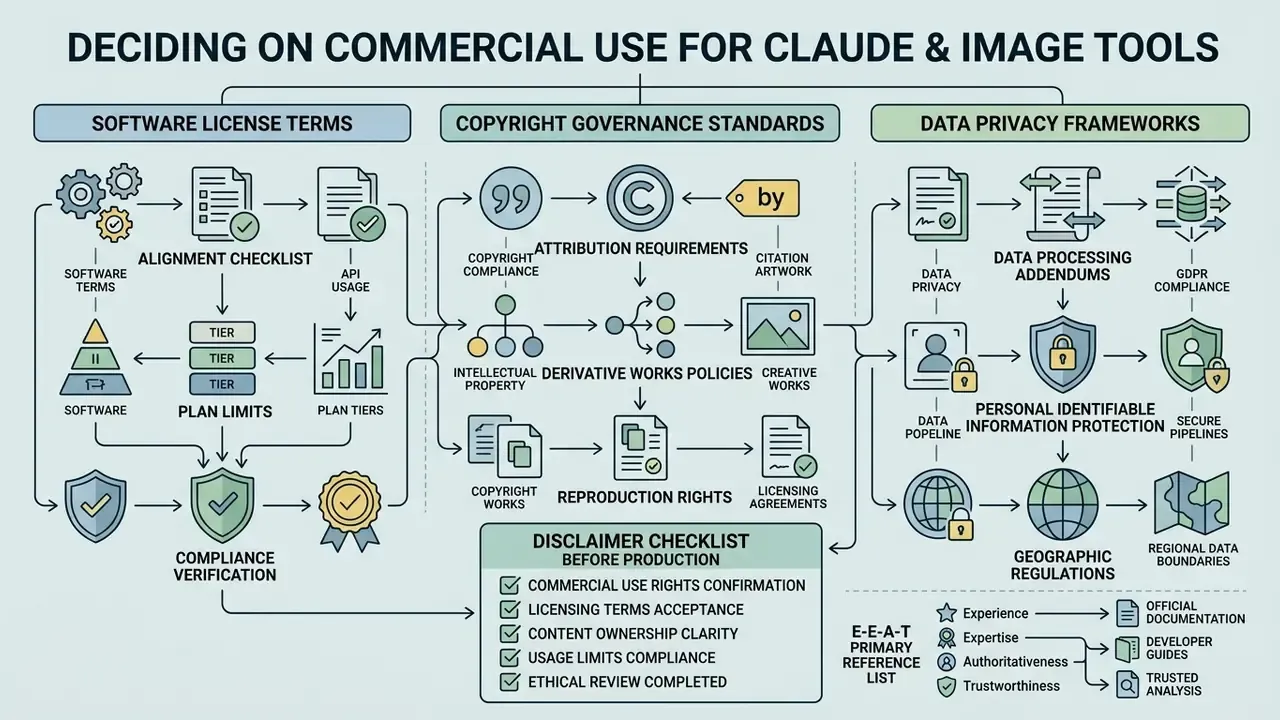 Flowchart outlining legal and privacy considerations for commercial use of Claude and image tools