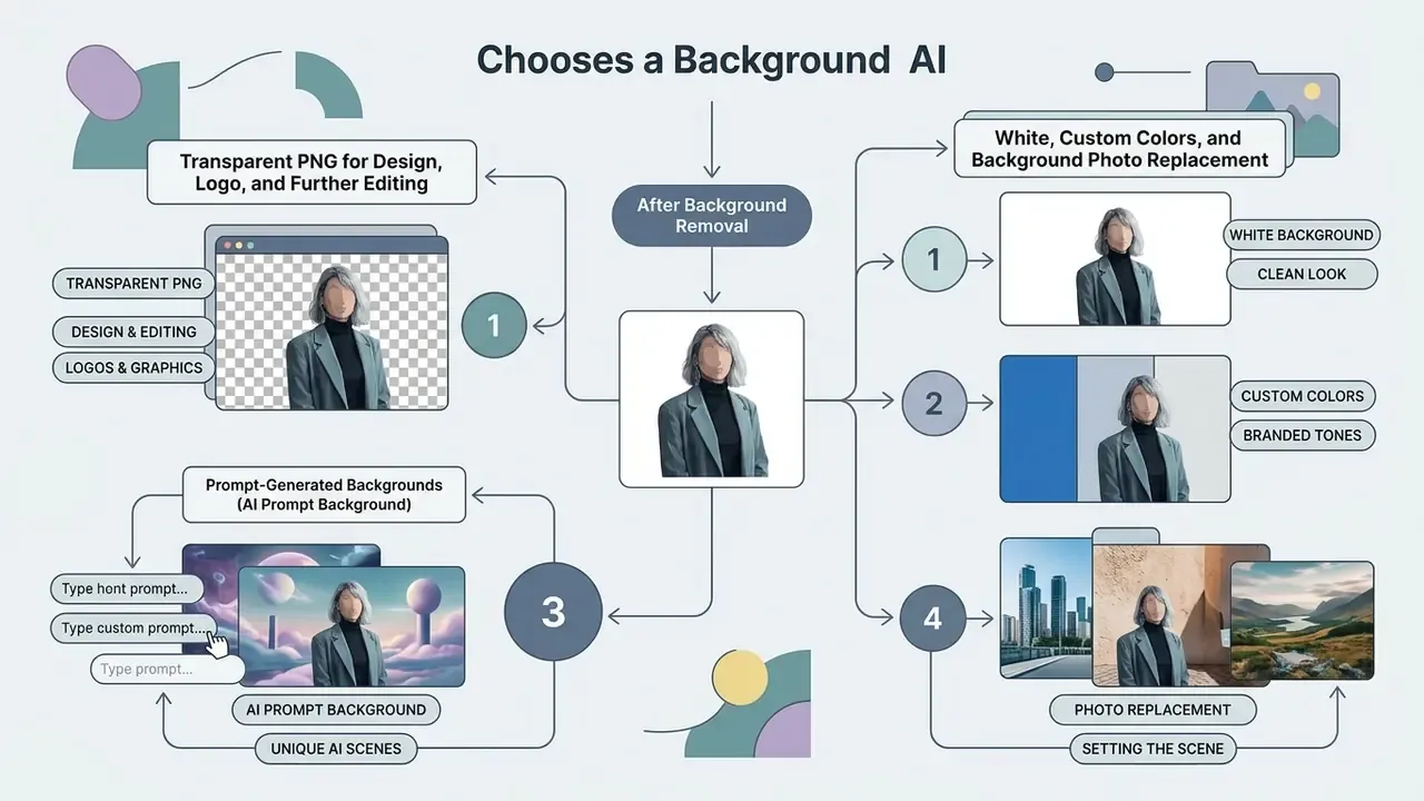 Diagram showing options for transparent, solid color, photo, or AI-generated image backgrounds