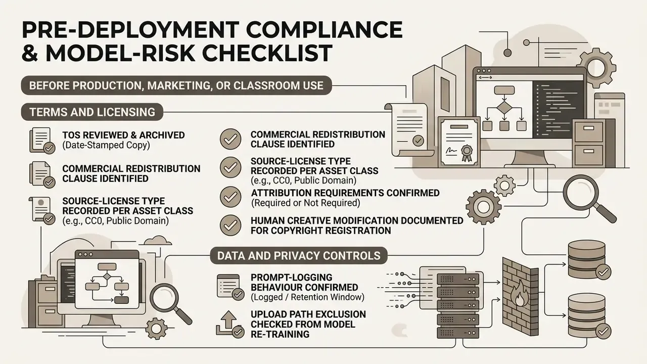 Checklist of terms, licensing, and data privacy controls for evaluating model deployment readiness