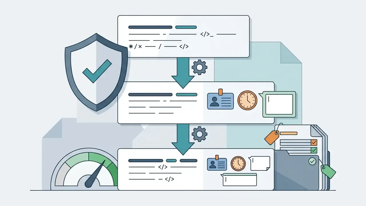 Sequential process diagram showing code versioning steps with author, timestamp, and documentation icons