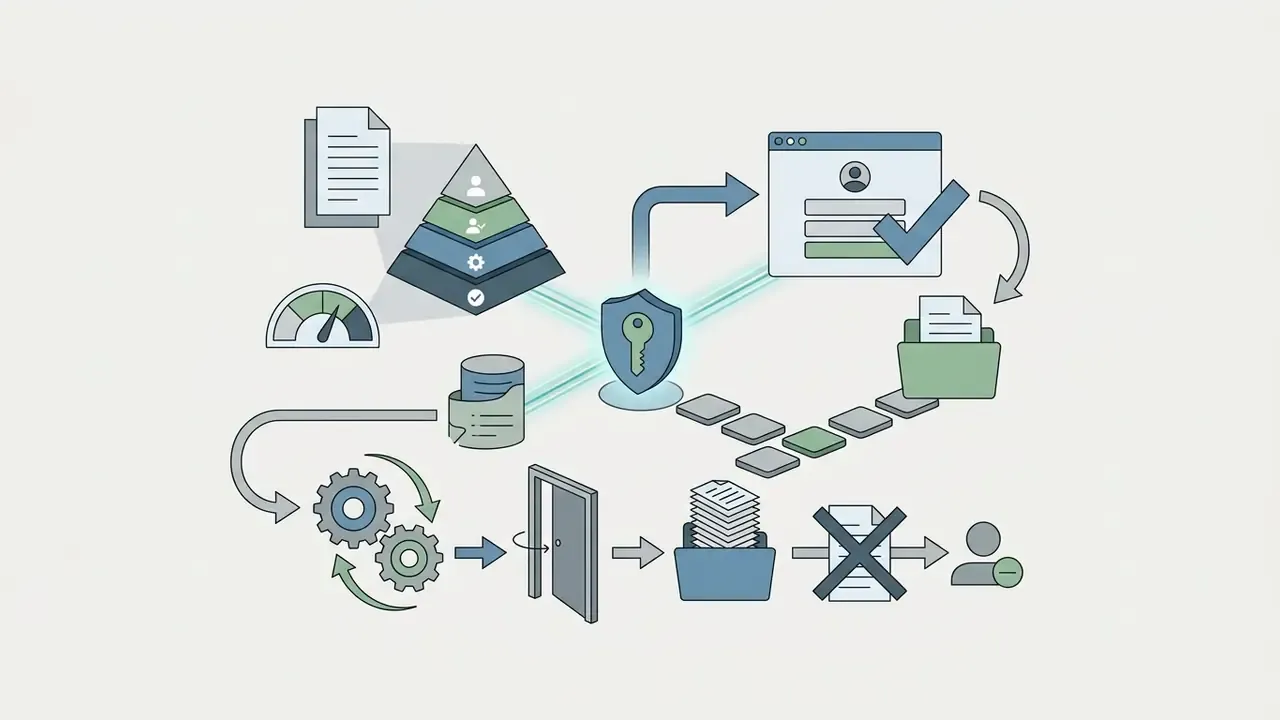 Central shield icon connecting login, document storage, and administrative offboarding workflows