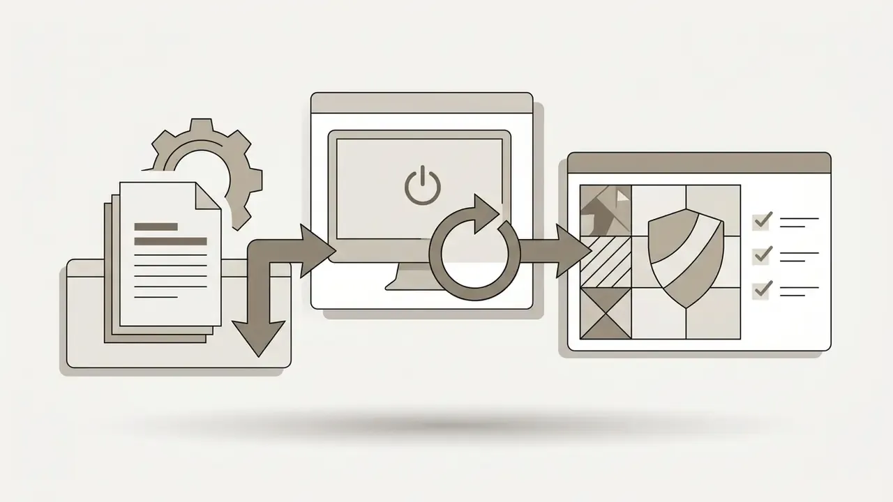 Computer screen with a power icon and refresh arrow pointing toward a window with a shield and checklist