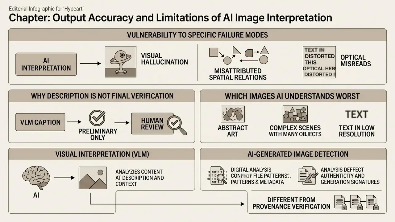 Infographic detailing common AI failure modes, verification needs, and differences in image detection