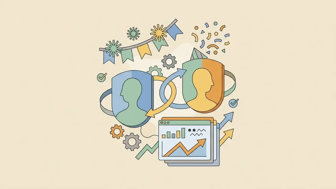 Two stylized human profiles inside shields connected by arrows above a digital dashboard with charts