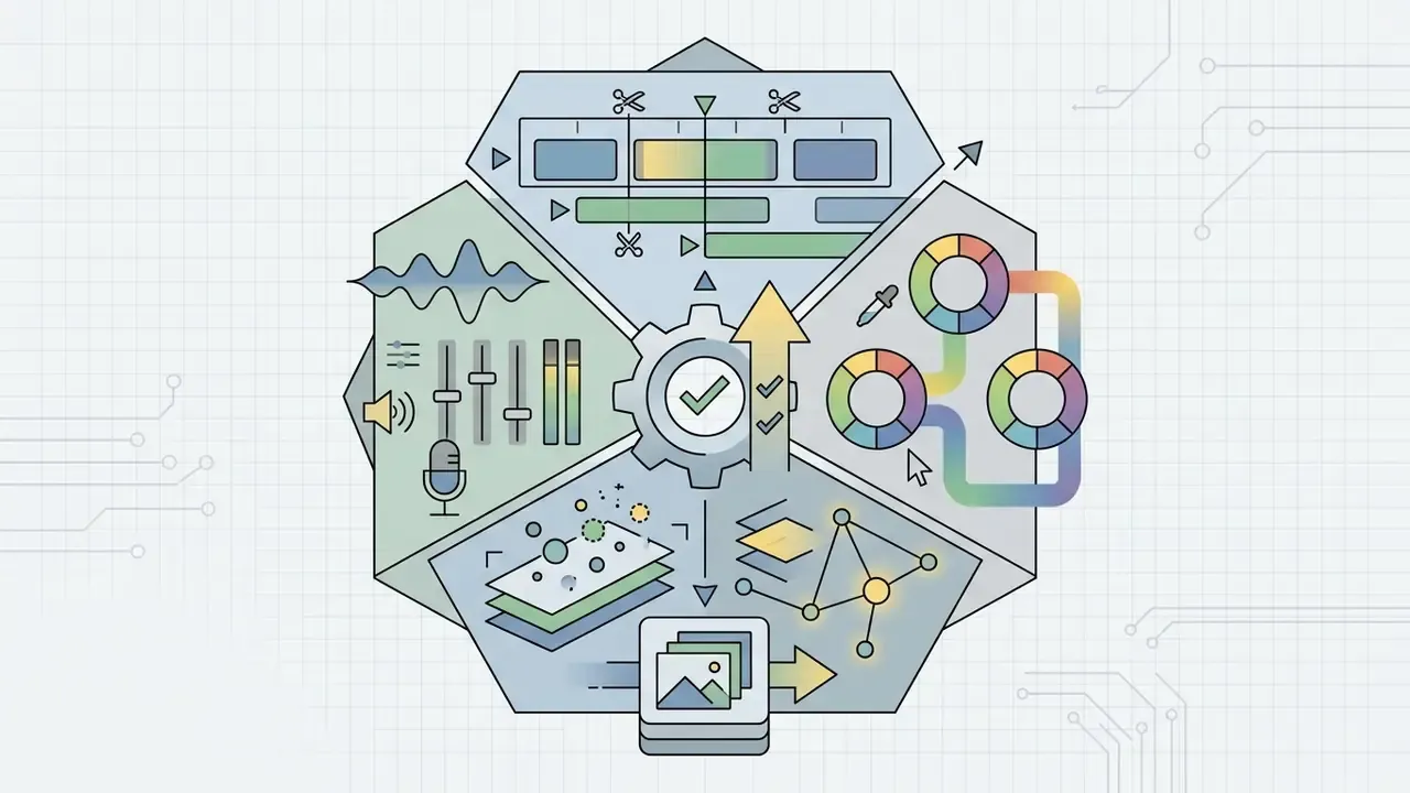 Segmented diagram showing video editing, audio mixing, color grading, and visual effects workflows
