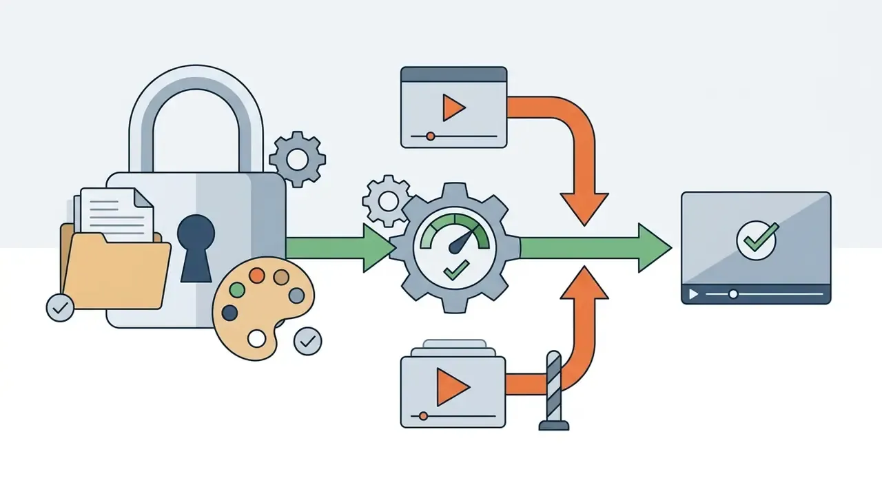 Locked padlock and brand assets flowing through a gear processor into approved video project files