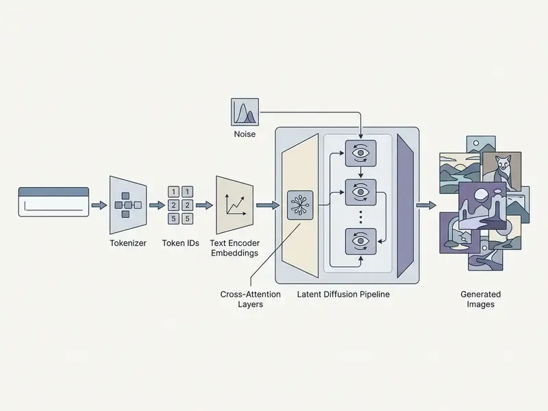Diagram illustrating the transformation of text prompts into visual output via a latent diffusion pipeline