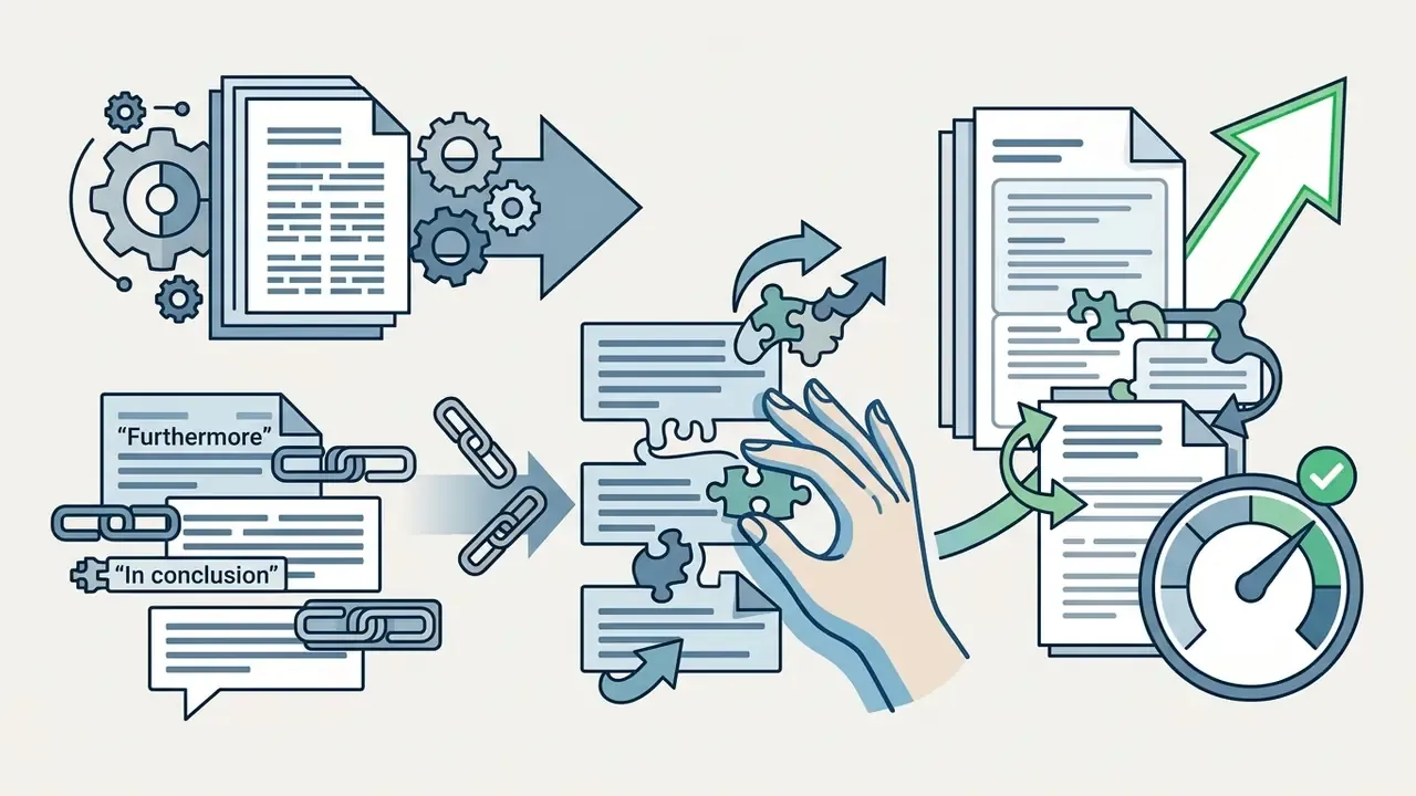 Hand replacing repetitive transition phrases with puzzle pieces to refine document flow and structure