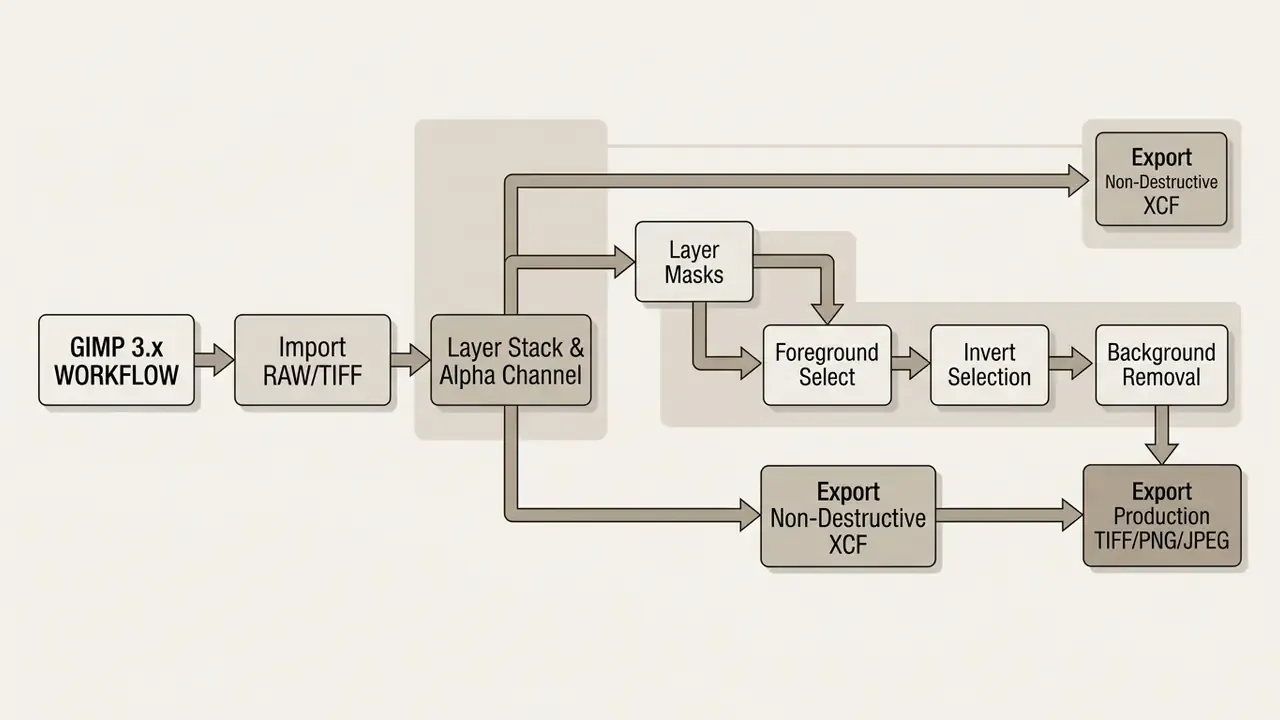 Flowchart detailing the GIMP 3.x image processing sequence from RAW import to final file exportation