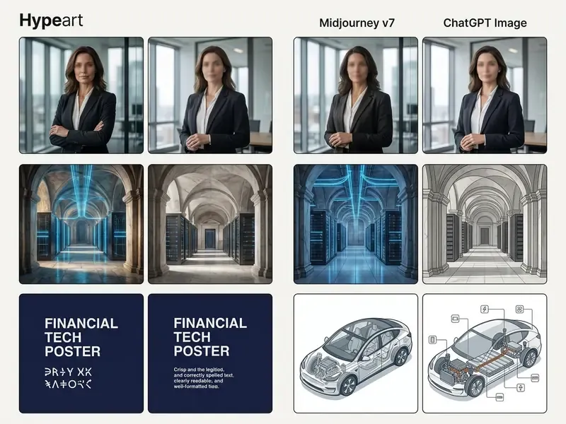 Side-by-side visual comparison of Midjourney v7 and ChatGPT outputs across three distinct image categories