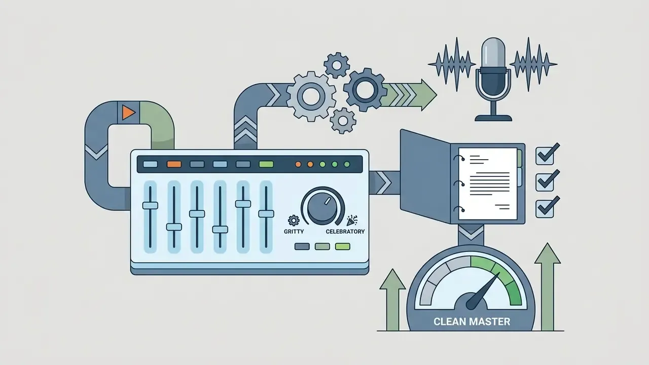 Mixing console with gear and microphone icons feeding into a document and a clean master gauge