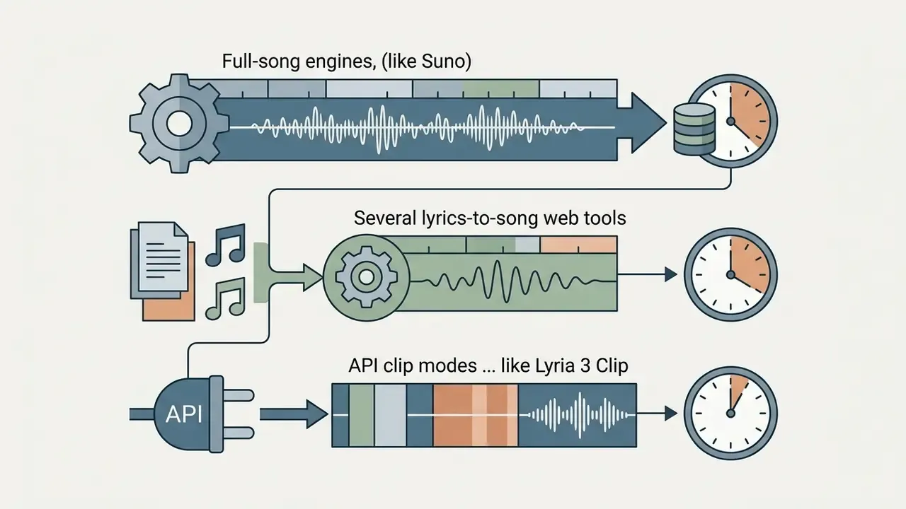 Comparison of audio generation engines showing varying track lengths and processing times for music tools