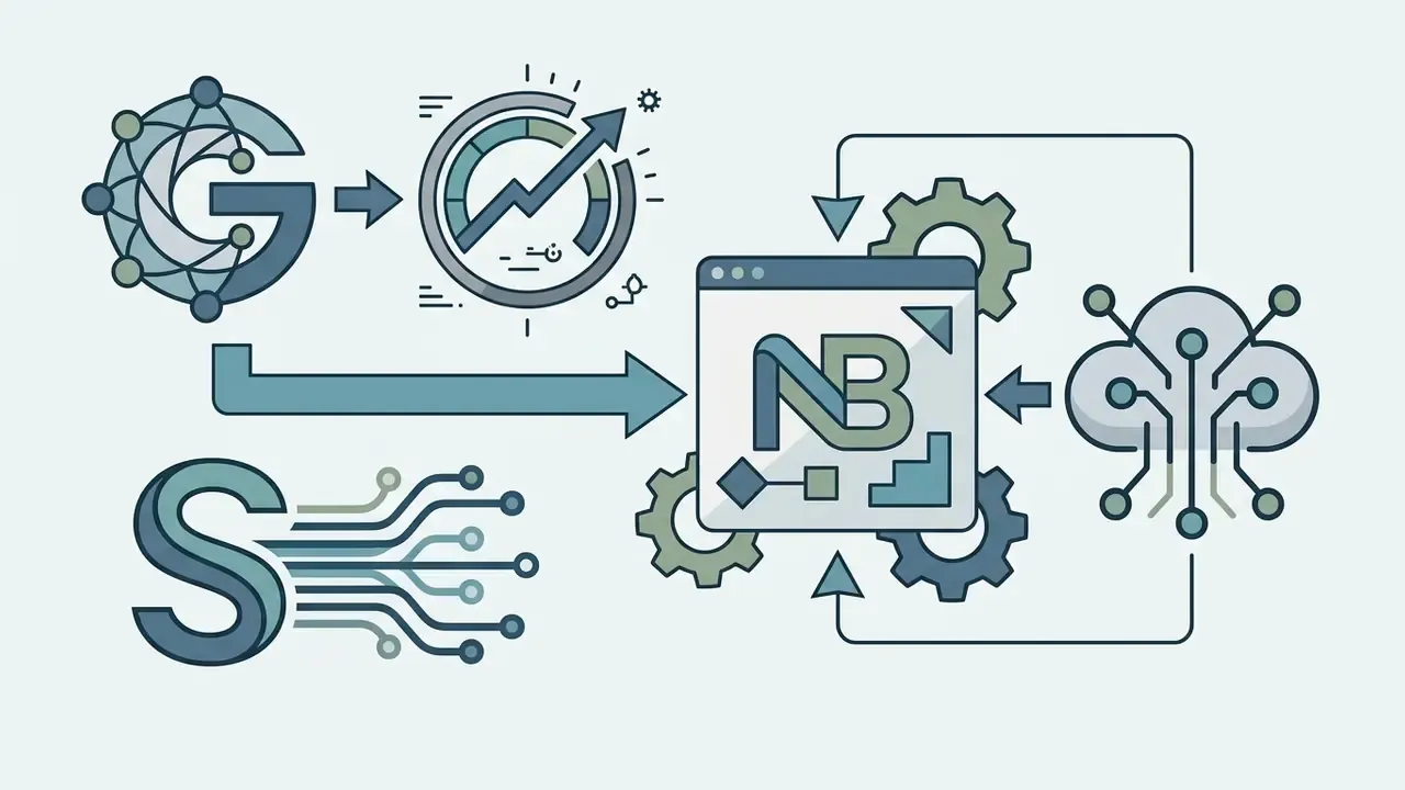 Conceptual flow showing modular AI engines, performance gauges, and cloud-based editing backbones