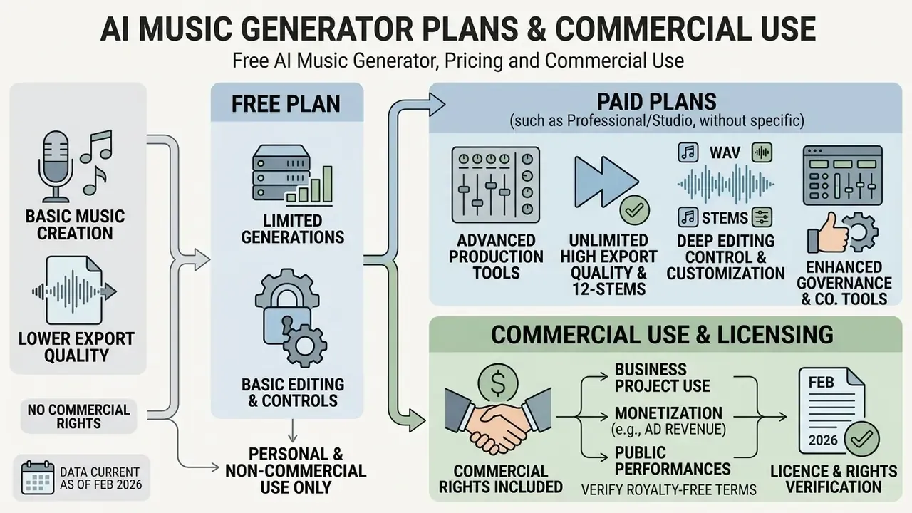 Comparison of free and paid subscription features, editing capabilities, and commercial licensing rights