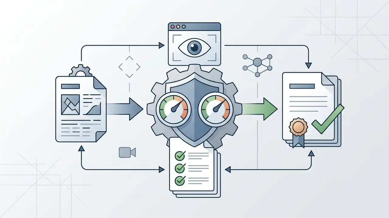 Report moving through a gear and shield mechanism with gauges to become a certified document