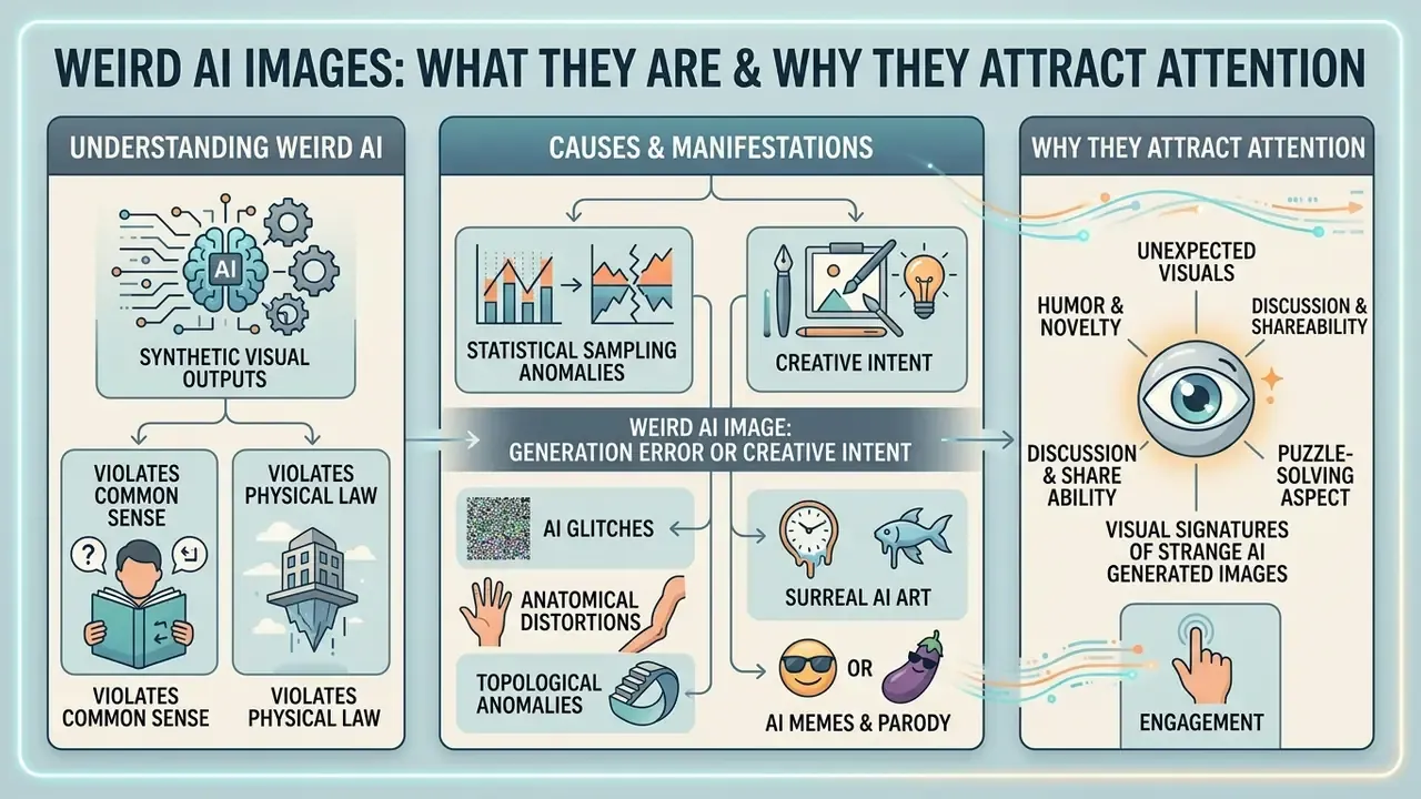 Infographic explaining the causes and appeal of weird AI images through diagrams and icons