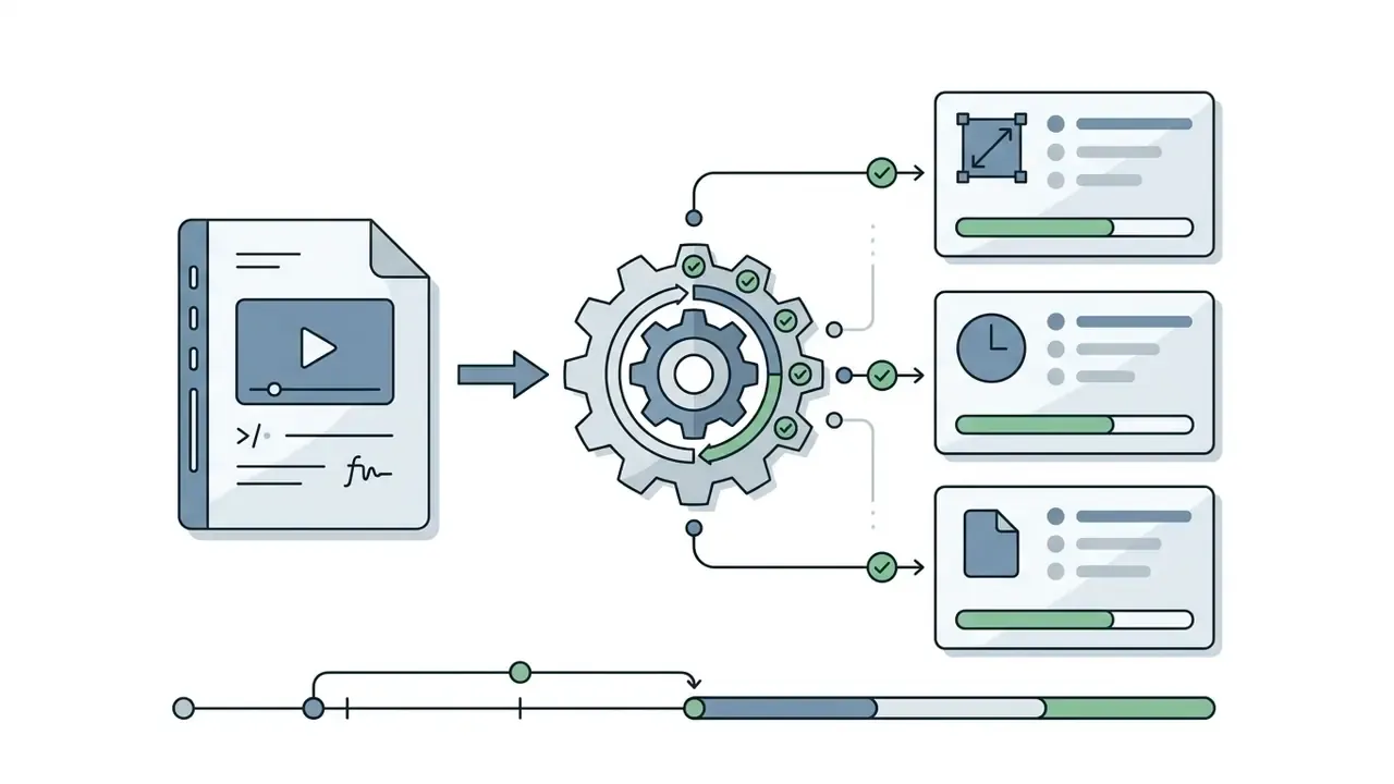 Video file document feeding into a gear mechanism that routes data to three status panels with progress bars