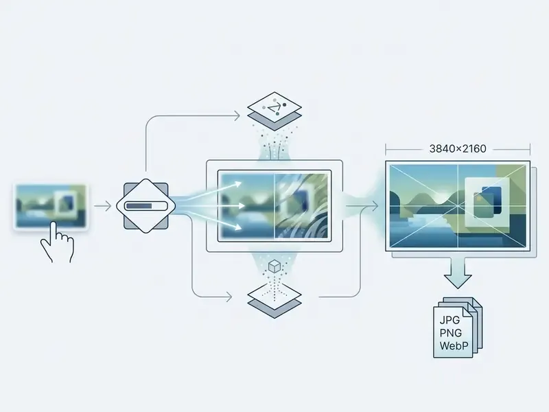 Sequential workflow diagram showing image upload, AI processing, and final high resolution download