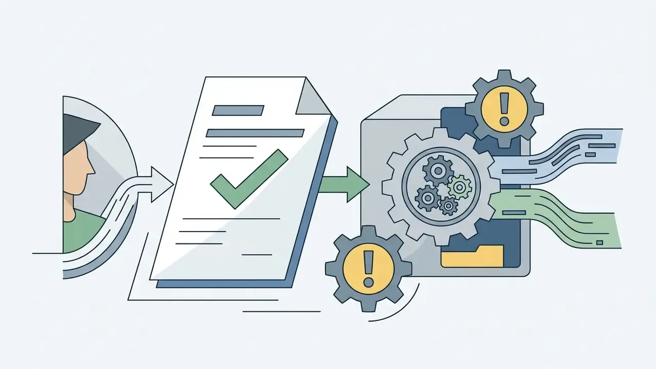 Human profile feeding a signed consent document into a gear mechanism that triggers warning alerts