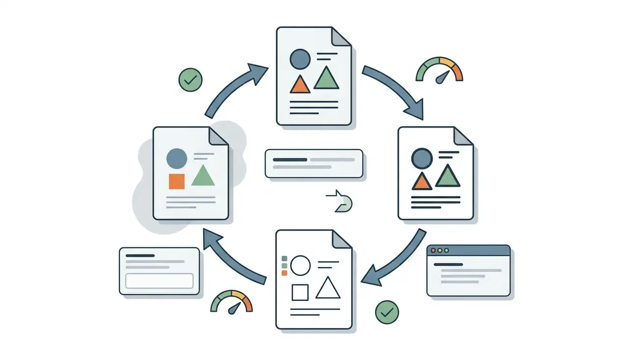 Circular diagram showing document files being iteratively modified with status icons and progress indicators