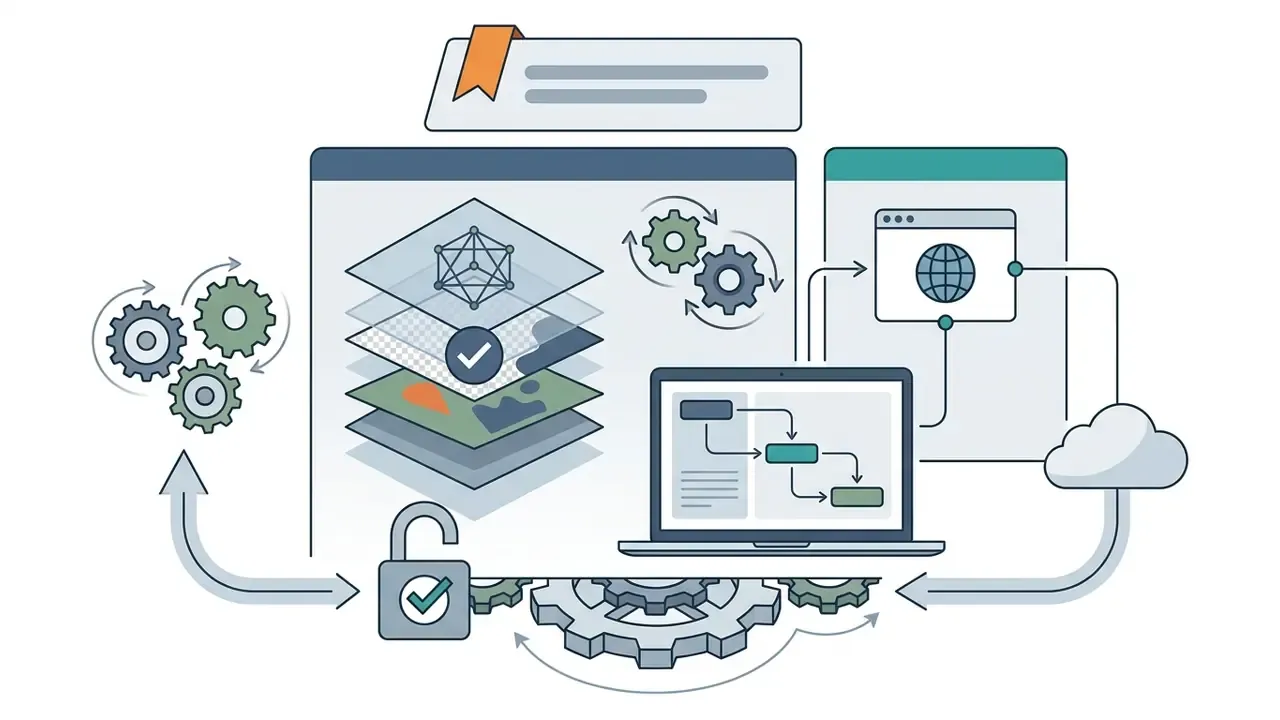 Layered image editing interface with a laptop showing a workflow connected to cloud and gear icons